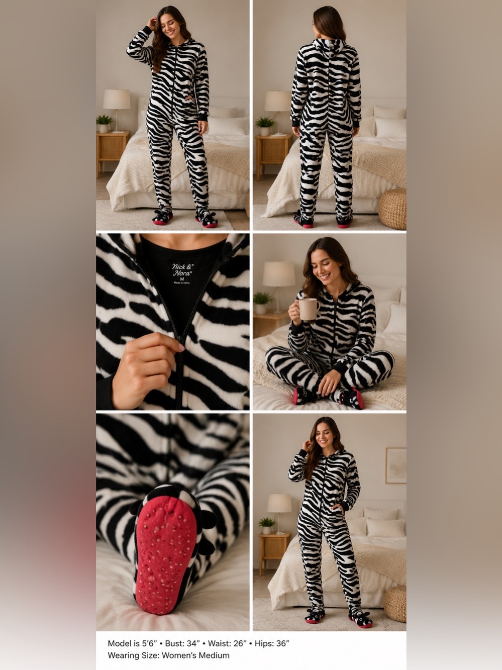 Nick Nora Zebra Onesie Pajamas Womens Medium Footed Fleece Zip Animal
